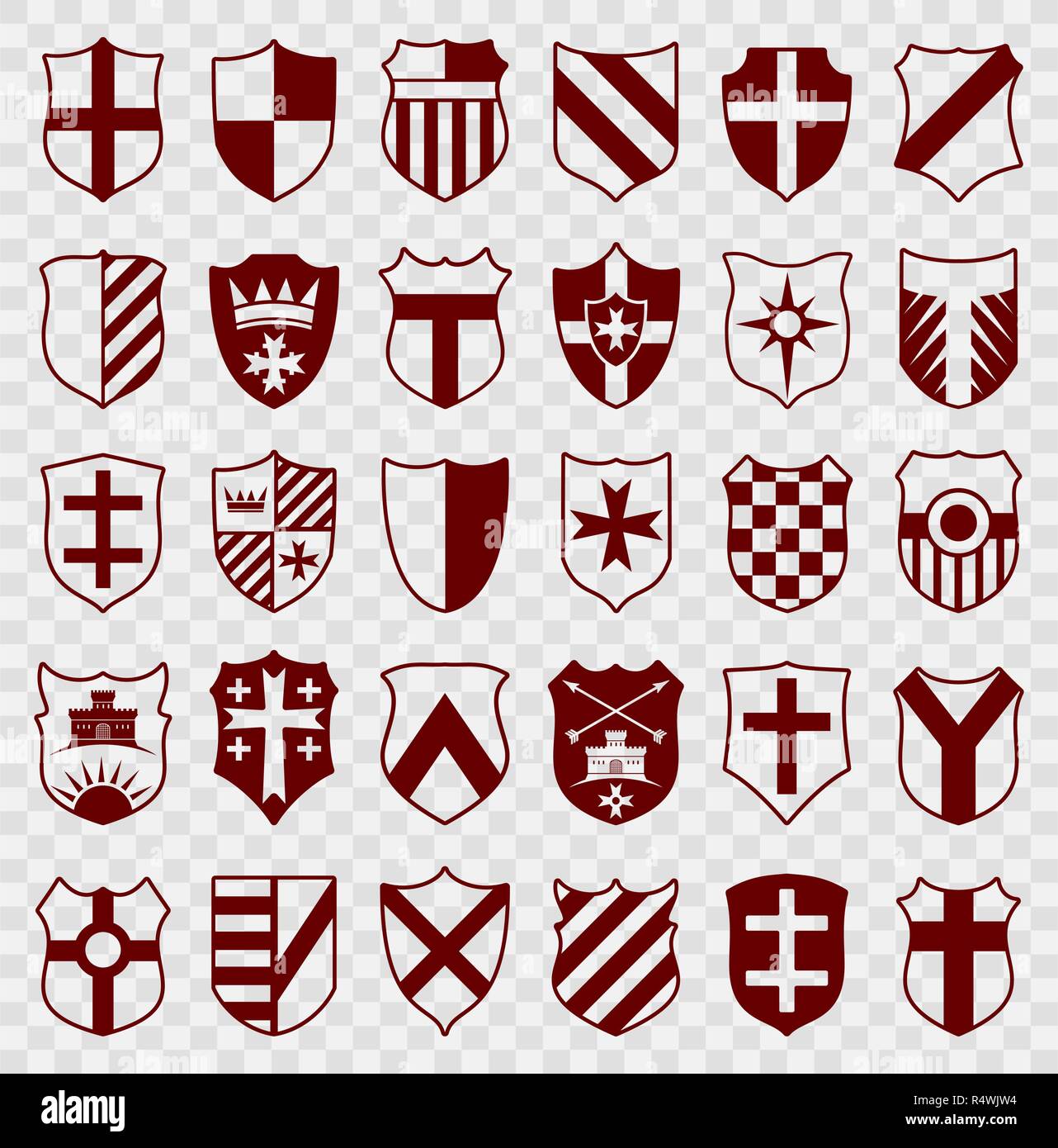 Set of red heraldic shields with emblems on transparent background.  Isolated shields icons with contours. Vector silhouette elements for design  Stock Vector Image & Art - Alamy