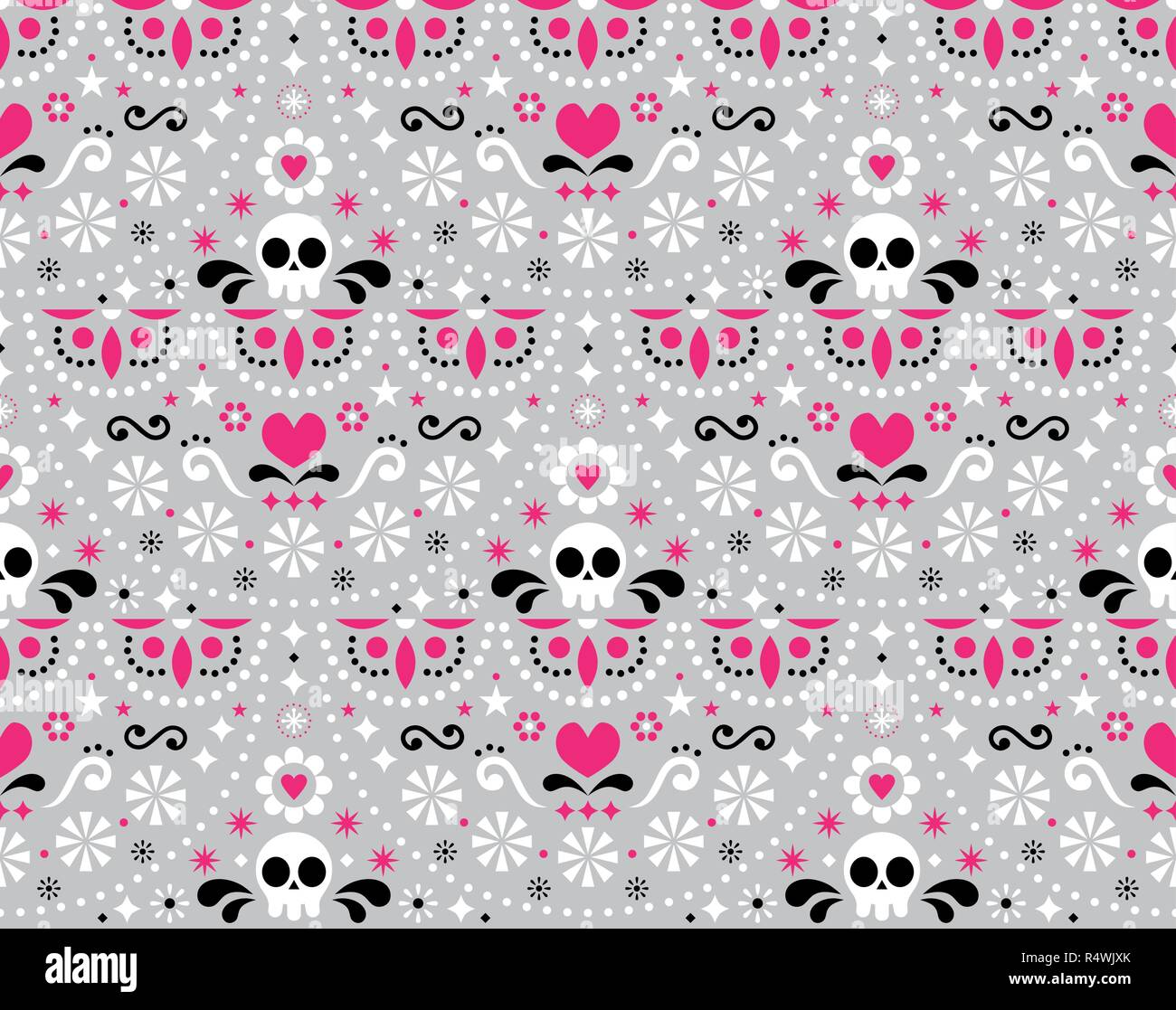 Mexican folk art vector seamless pattern with skulls, flowers and abstract shapes, pink, white and gray textile design inspired by traditional art for Stock Vector