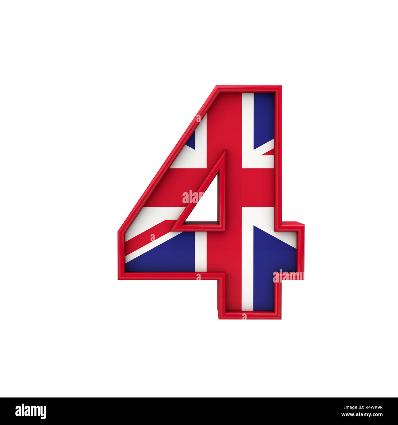 Number 4 Union Jack font, Great Britain flag lettering. 3D Rendering
