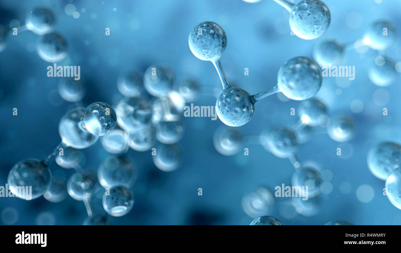 Molecule (atom) structure on blue background. Science concept. 3d render illustration Stock Photo