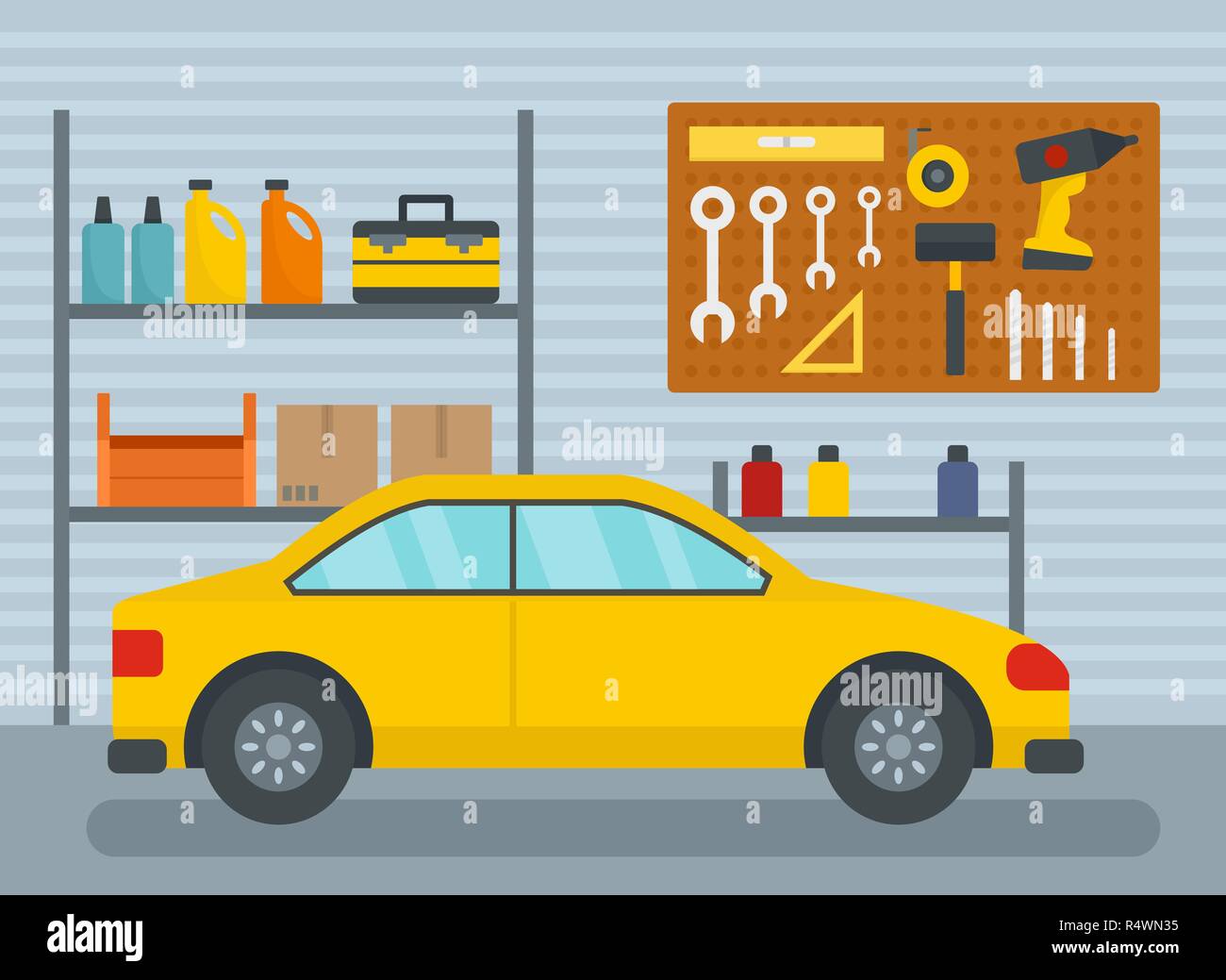 Car in home garage background. Flat illustration of car in home garage vector background for web design Stock Vector