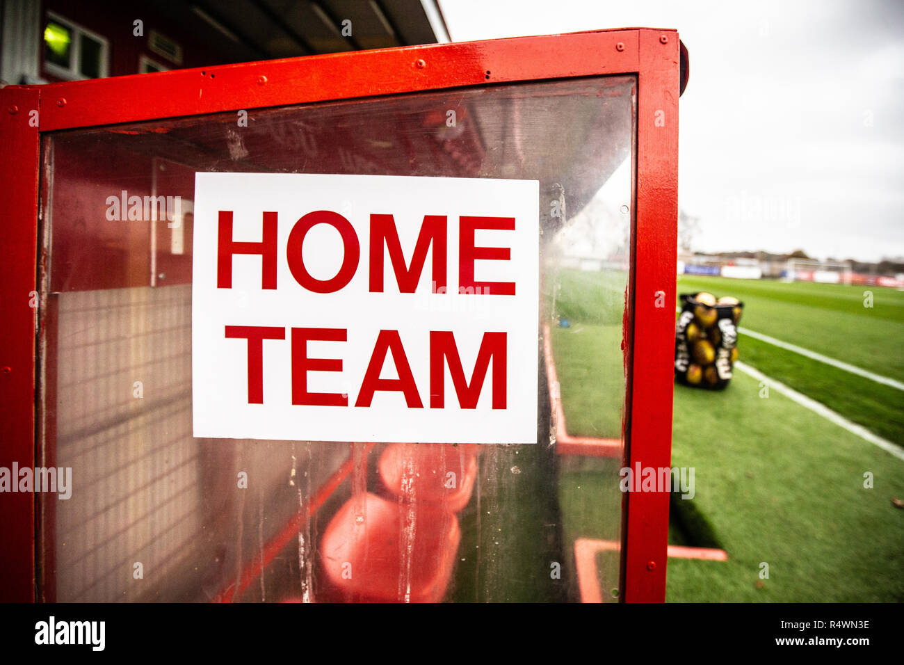 Home team, managers dugout at Lamex Stadium, Broadhall Way, Stevenage, Hertfordshire, England, UK Stock Photo
