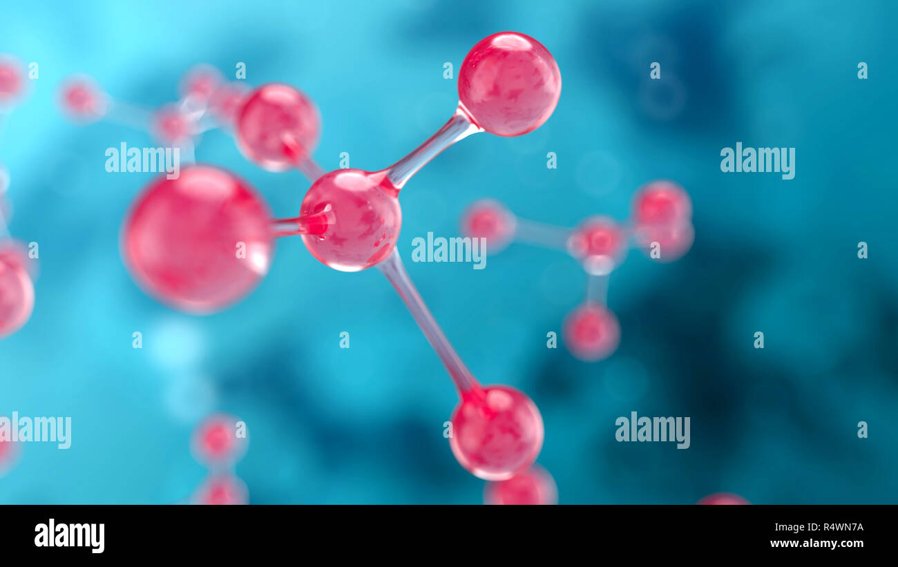 Abstract pink atomic or molecular structure on blue background. 3d render illustration Stock Photo