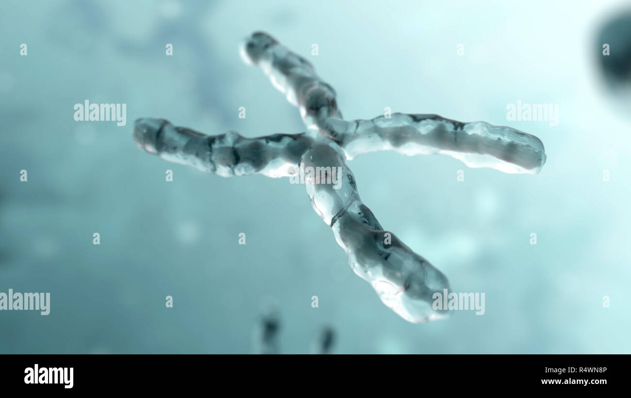 Chromosome under microscope. Genetic concept background. 3d render illustration Stock Photo