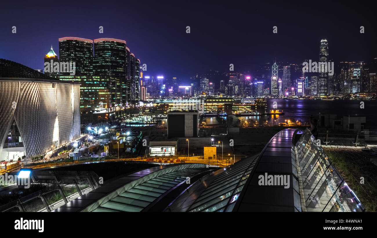 West Kowloon, Hong Kong - October 09, 2018 : Hong Kong West Kowloon Railway Station at night. It is the terminus of the Hong Kong section of the Gua Stock Photo