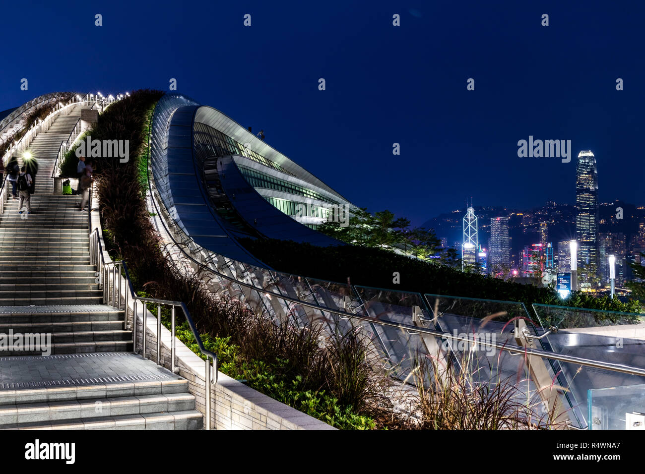 West Kowloon, Hong Kong  - October 09, 2018 :  Hong Kong West Kowloon Railway Station at night. It is the terminus of the Hong Kong section of the Gua Stock Photo