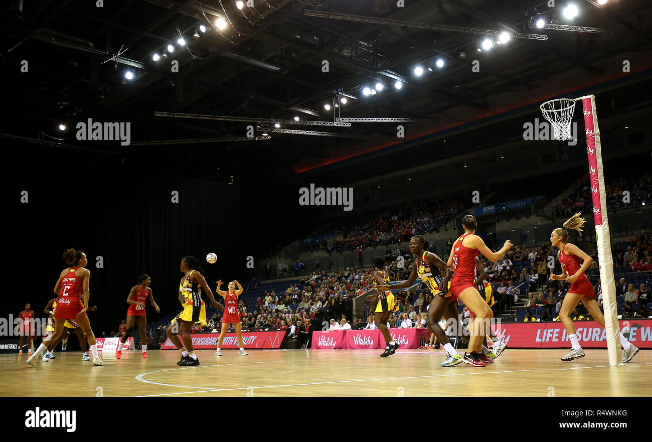 A general view of action between England Roses and Uganda She Cranes during the Vitality Netball International Series match at The Echo Arena, Liverpool Stock Photo