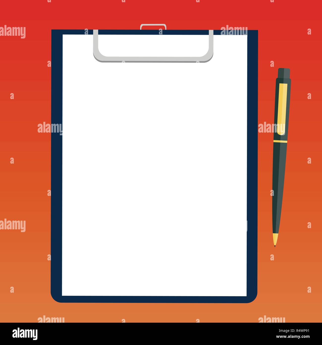 Business concept Empty template copy space isolated Posters coupons promotional material. Blank Sheet of Bond Paper on Clipboard with Click Ballpoint  Stock Vector