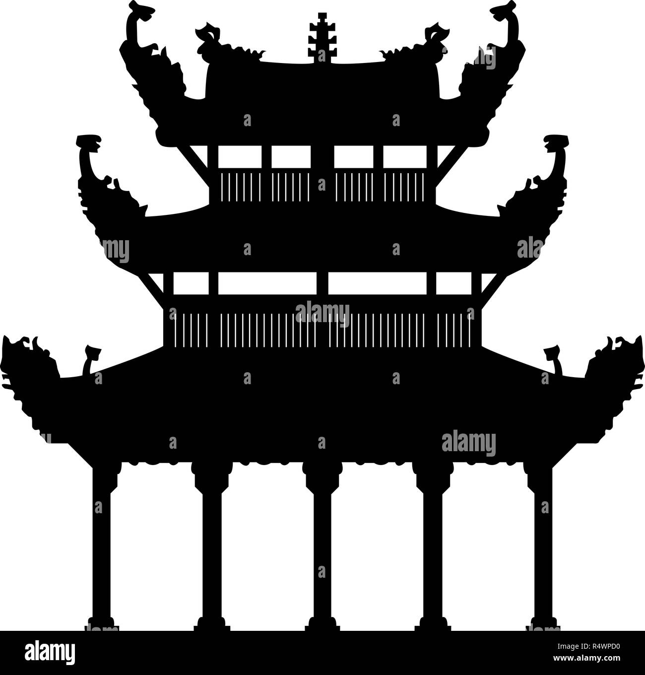 Ancient buddhist temple in Vietnam. Black vector silhouette
