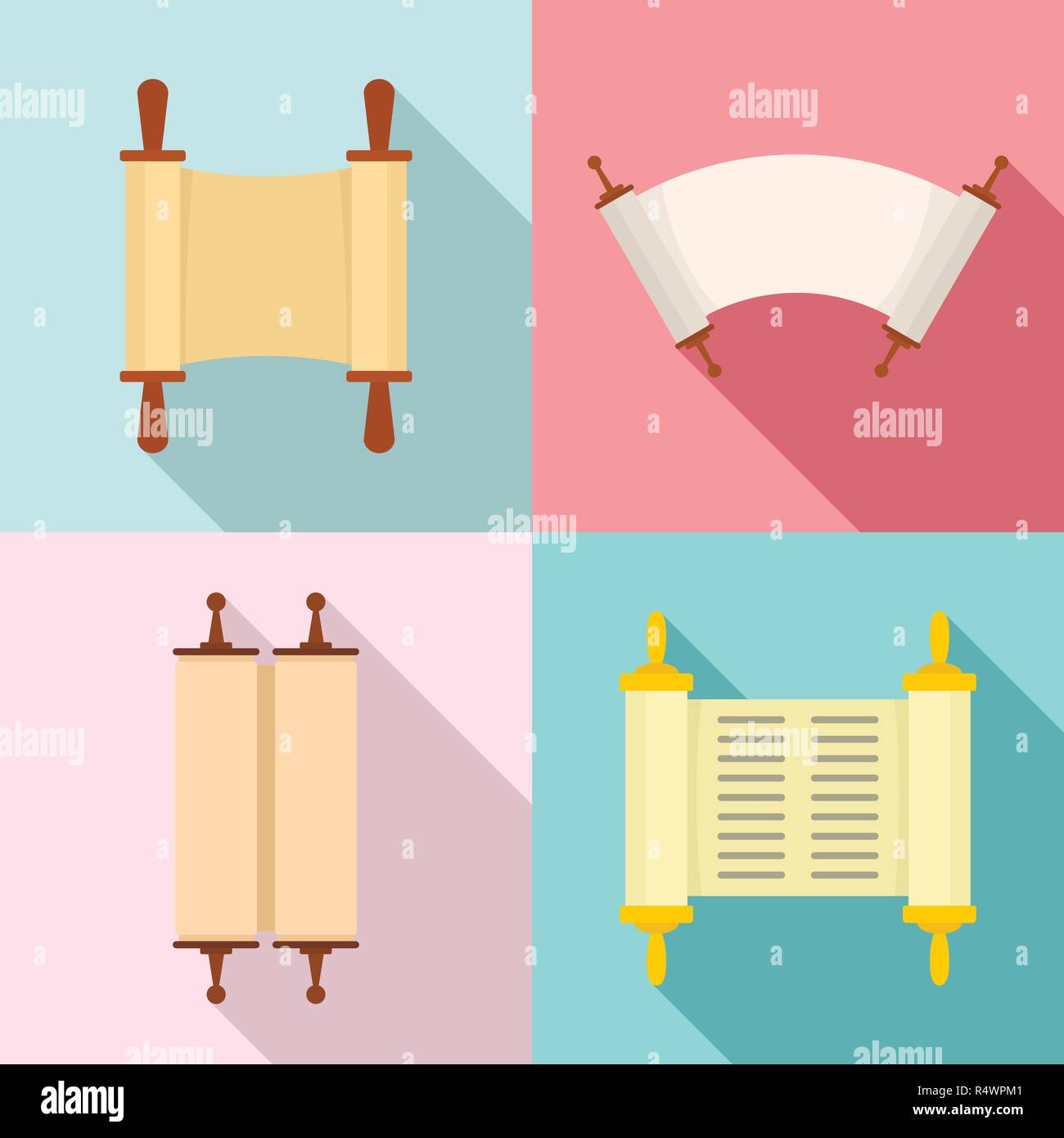 Torah scroll book bible shavuot icons set. Flat illustration of 4 Torah scroll book bible shavuot vector icons for web Stock Vector
