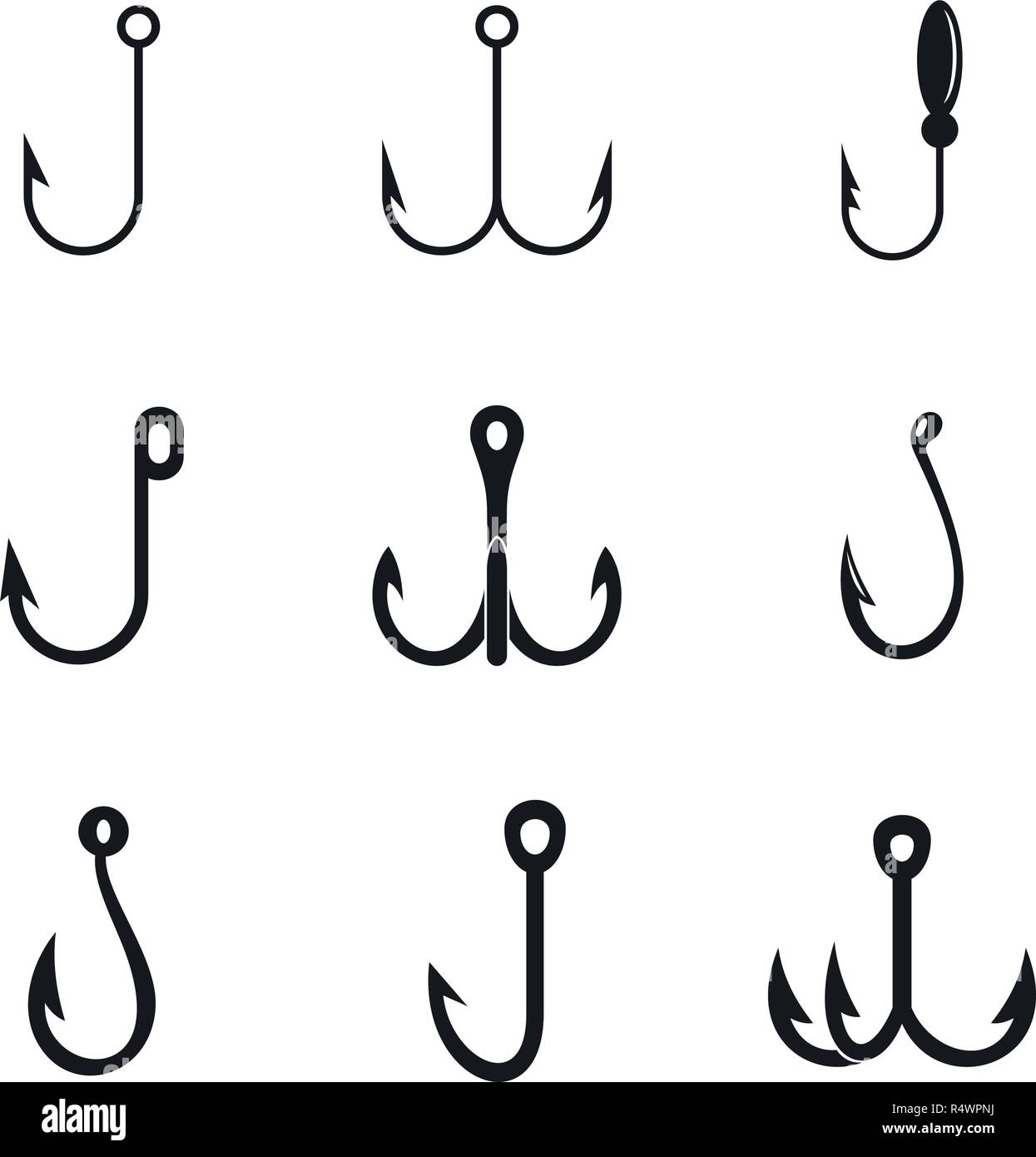 Fishing hook rod tackle catch metal icons set. Simple illustration