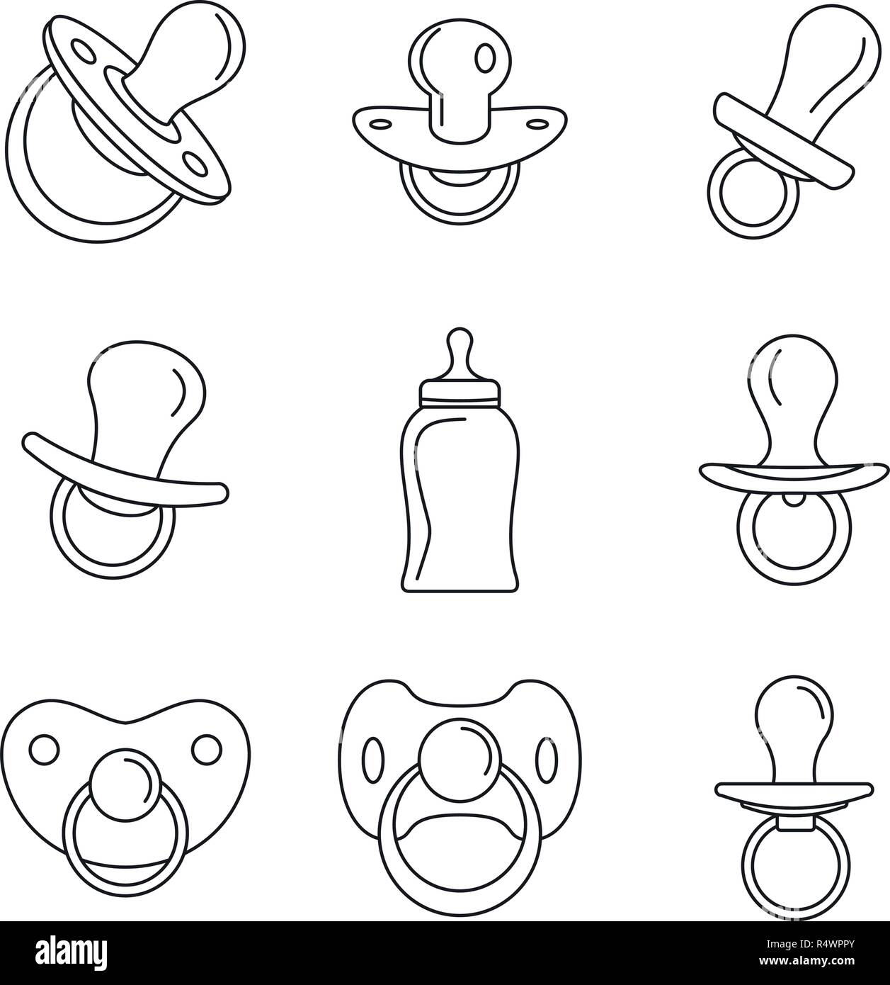 Pacifier baby dummy care nipple newborn child icons set. Outline