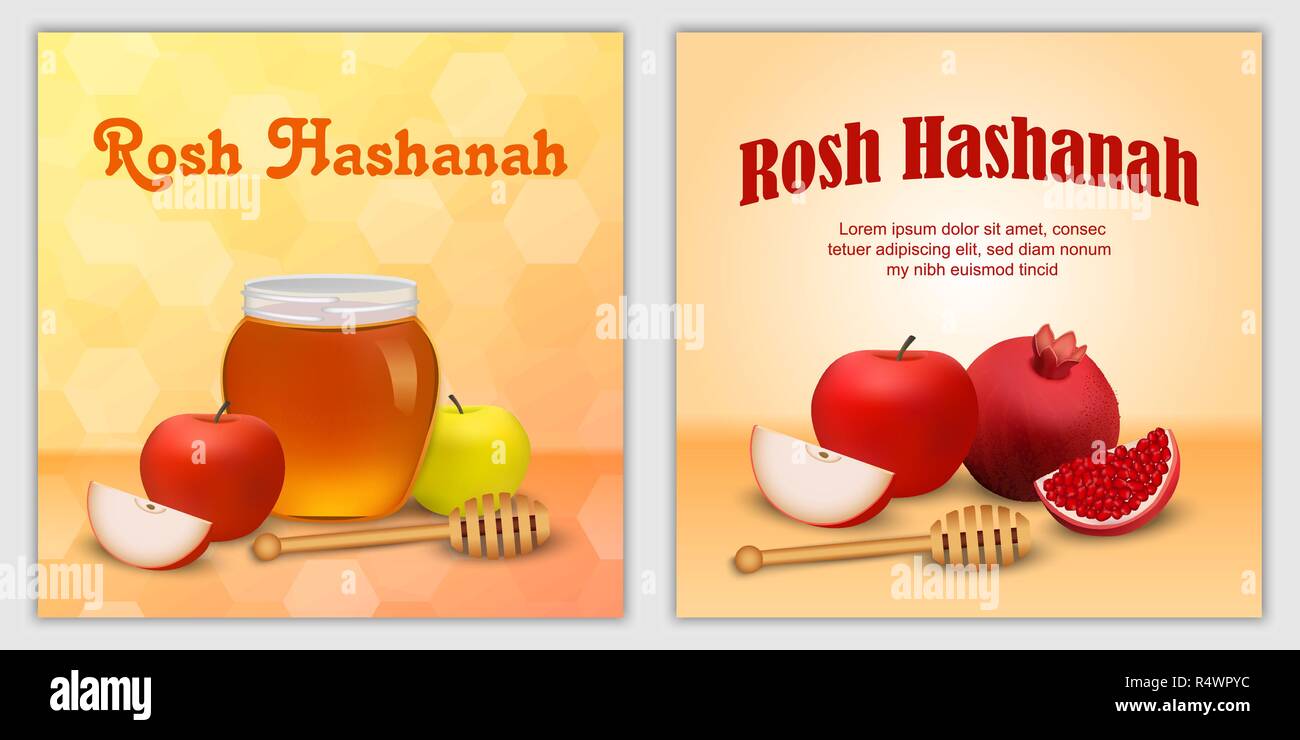 Rosh Hashanah jewish holiday apple honey banner concept set. Realistic illustration of 2 Rosh