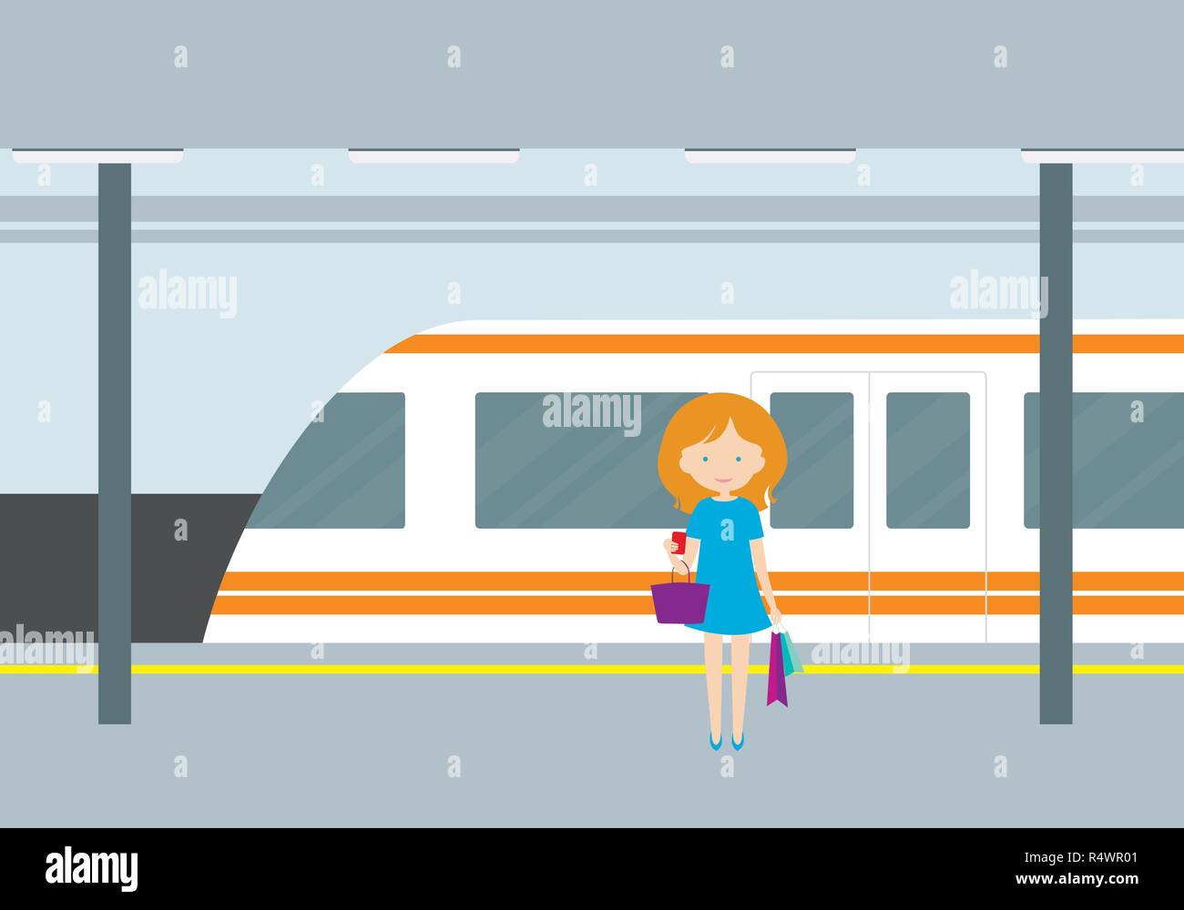 Flat design illustration of a subway station with a train, lights and passenger woman with a ticket and bags in hand - vector Stock Vector