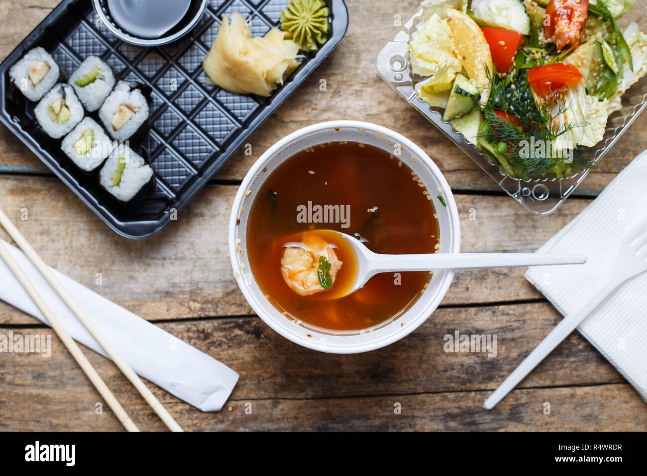 Asian business lunch delivery food background. Top view concept image of food delivery Stock Photo