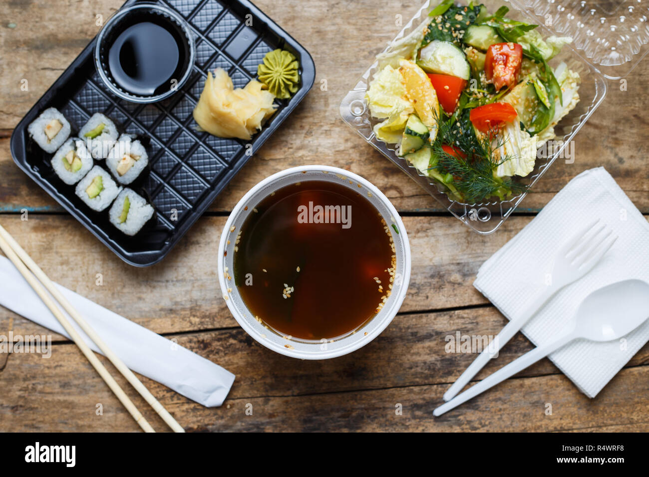 Asian business lunch delivery food background. Top view concept image of food delivery Stock Photo