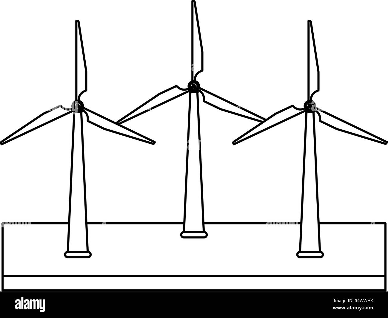 Wind turbines field green energy black and white Stock Vector Image ...