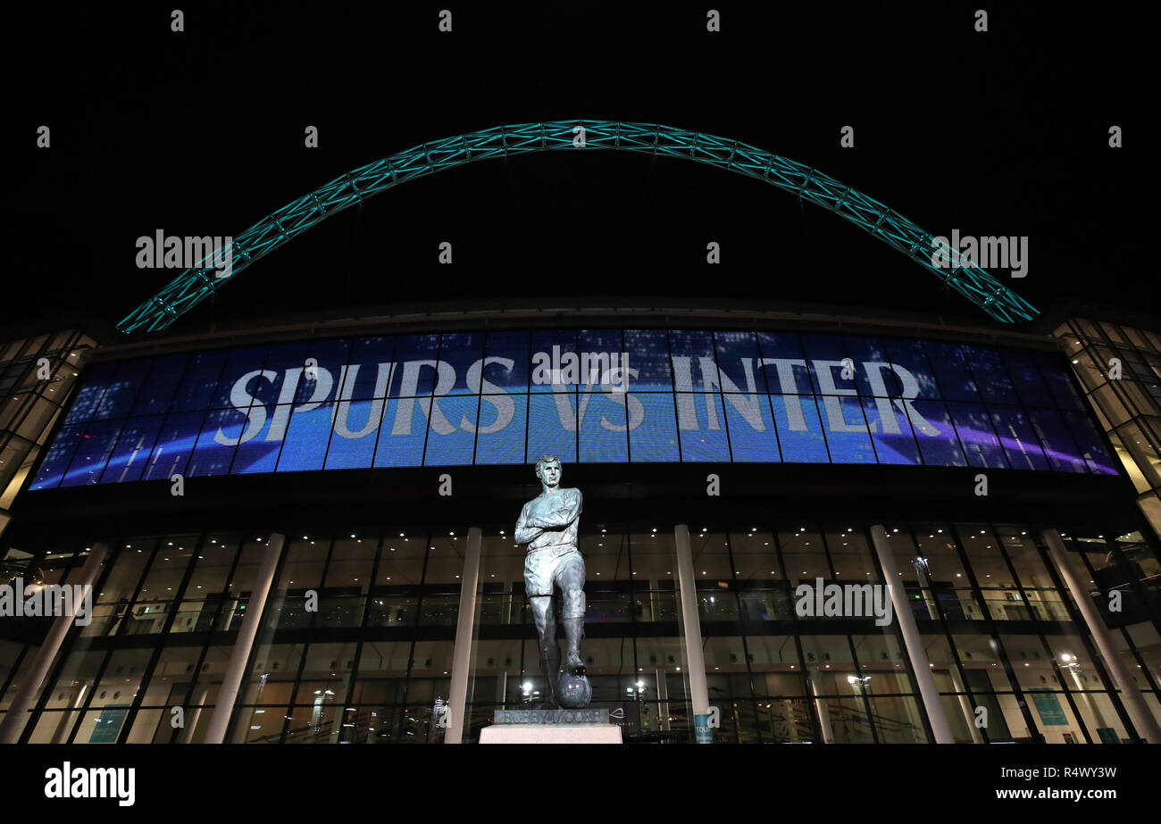 A general view of the Bobby Moore statue outside Wembley Stadium before