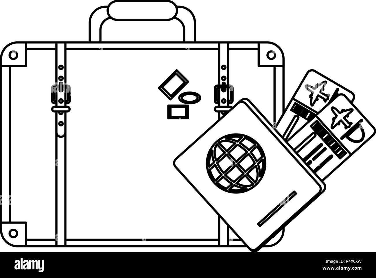 Travel suitcase with tickets and passport black and white Stock Vector Image &amp; Art - Alamy