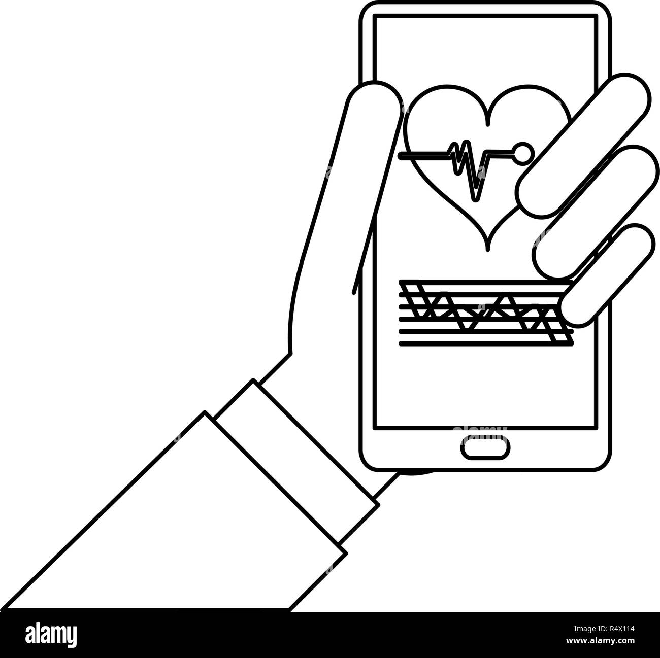 Hand with medical smartphone app black and white Stock Vector Image ...