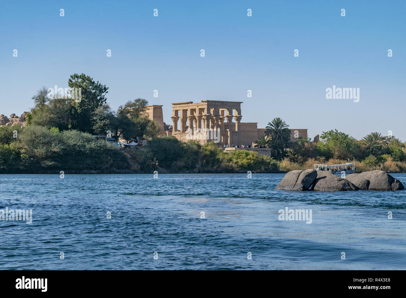 Philae temple and island in the reservoir of the Aswan Low Dam, downstream of the Aswan Dam and Lake Nasser, Egypt. Stock Photo