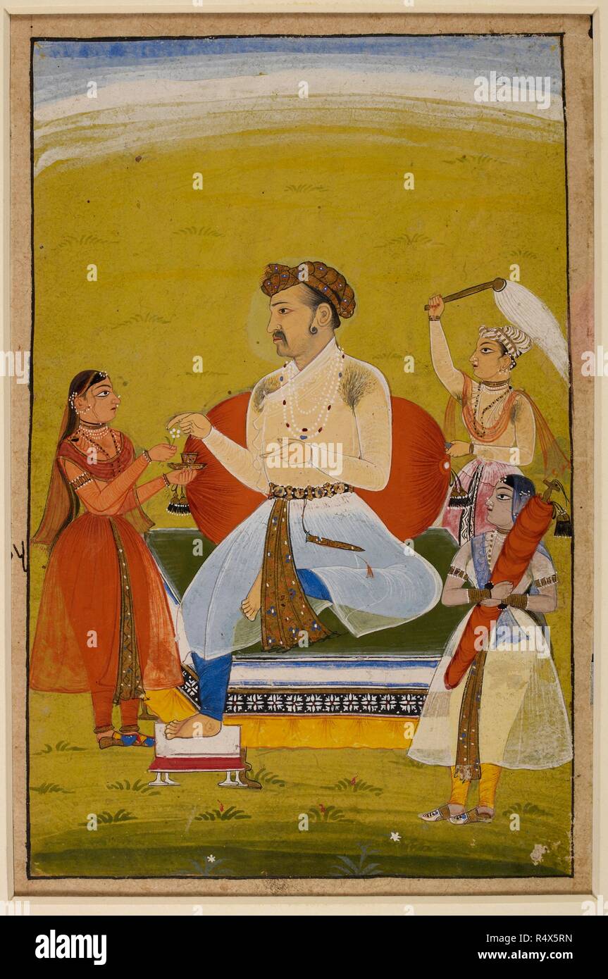 Portrait of the Emperor Jahangir with three female attendants, two behind  him hold a fly-whisk and a wrapped sword, the third in front offers him a  flower. He is seated on a