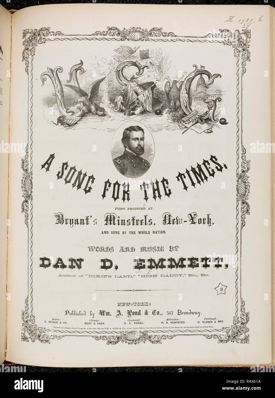 Music cover bearing the portrait of an American military officer. A Song For The Times. New York. USA. 1864. Source: h.1780.b.27. Language: English. Author: Emmett, Dan Decatur. Stock Photo