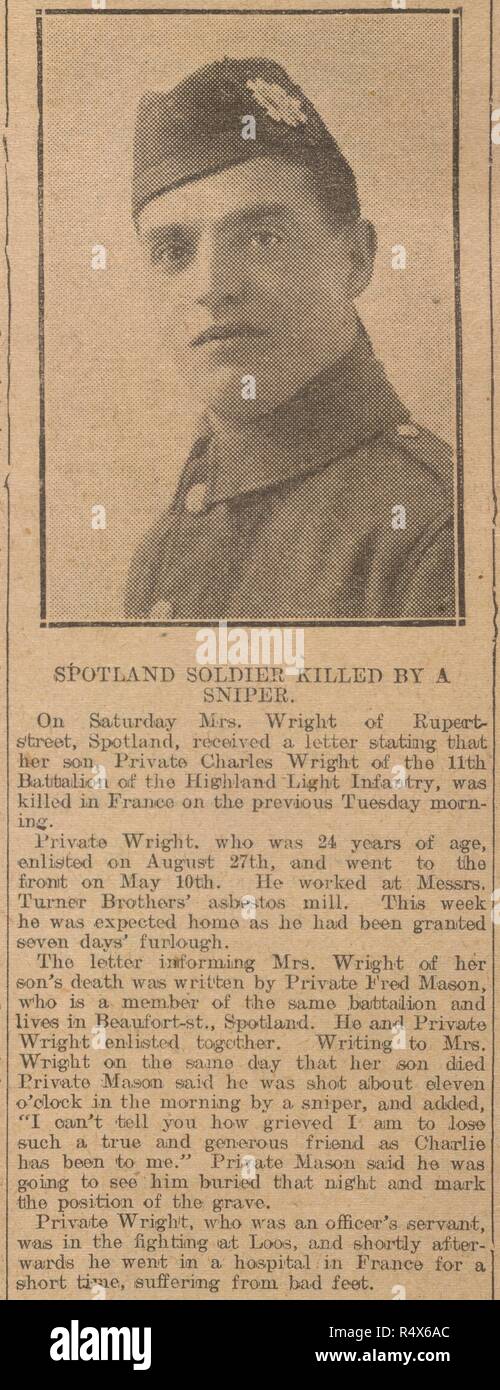 Spotland soldier killed by a sniper'. A casualty report in a newspaper, during the First World War. The casualty being Private Charles Wright of the 11th battalion of the highland light infantry, killed in France. . Rochdale Observer. 15/12/1915. Source: Rochdale Observer. Page 4. Language: English. Stock Photo