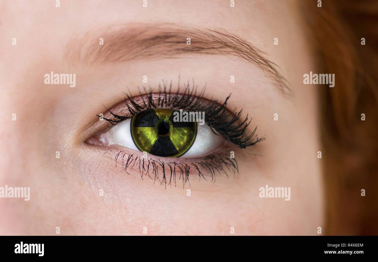 Human eye with radiation hazard symbol - concept photo. Stock Photo