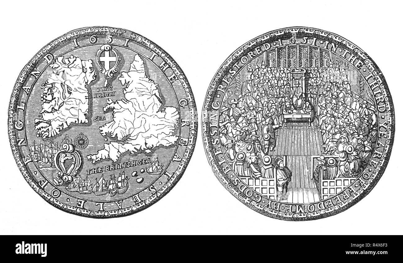 The Great Seal of the Commonwealth during the period from 1649 to 1660 when England and Wales, later along with Ireland and Scotland,were ruled as a republic following the end of the Second English Civil War and the trial and execution of Charles I.  Power in the early Commonwealth was vested primarily in the Parliament and a Council of State.  In 1653, after the forcible dissolution of the Rump Parliament, the Army Council made Oliver Cromwell Lord Protector of a united 'Commonwealth of England, Scotland and Ireland', inaugurating the period now usually known as the Protectorate. Stock Photo
