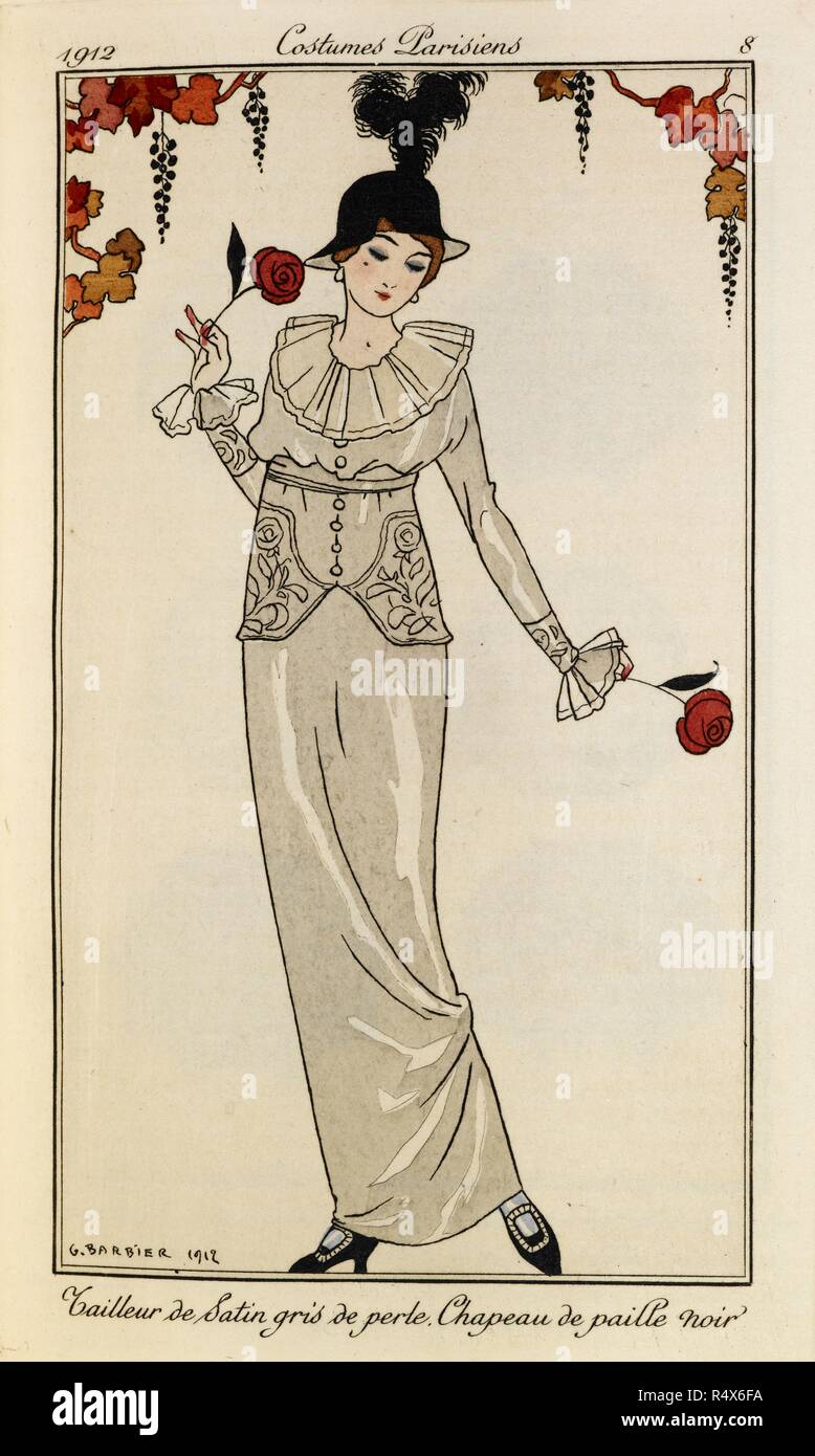 Tailleur de Satin gris de perle. Chapeau de paille noir'. Costumes  Parisiens no.8. Woman wearing a pearl grey satin dress and a black straw  hat, with a feather. She holds a rose