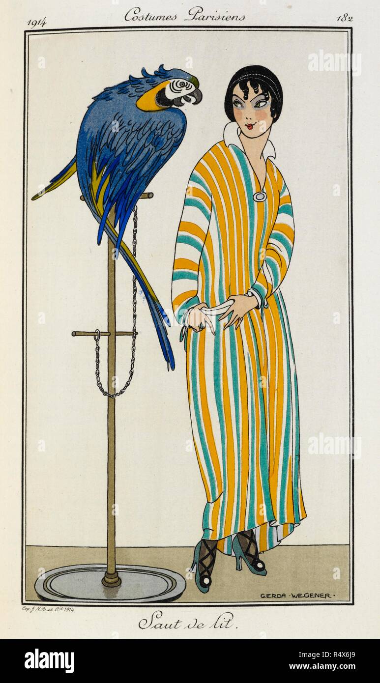 Saut de lit. Costumes Parisiens no.182. Woman wearing a dress with yellow and blue stripes. With pet parrot. Journal des dames et des modes. [With coloured plates.]. Paris, 1914. Colour plate / illustration. Pochoir. Fashion. Source: P.P.5242.dc, pl.182, after p.24. Voulme II. Language: french. Author: WEGENER, GERDA. Stock Photo