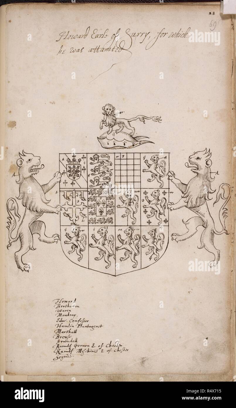 Coat of Arms of Thomas Howard, 4th Duke of Norfolk. Heraldic Tracts. England; late 16th century. {Whole folio] Drawing of the coat of arms of Thomas Howard, 4th Duke of Norfolk, which was passed by Sir William Dethick, Garter King of Arms.  Image taken from Heraldic Tracts.  Originally produced in England; late 16th century. . Source: Harley 1453, f.69. Language: English. Stock Photo