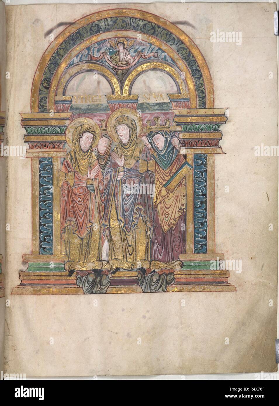 Female saints on benedictional page. The Benedictional of St Aethelwold. England. The Benedictional of St Aethelwold Benedictional, written by the scribe Godeman for St Ã†thelwold, Bishop of Winchester; 963-984. Latin. The Choir of Virgins, in one group of seven and another of six, the second including St Ã†theldreda and, apparently, the Blessed Virgin Mary. Source: Add. 49598 f.2. Language: Latin. Stock Photo