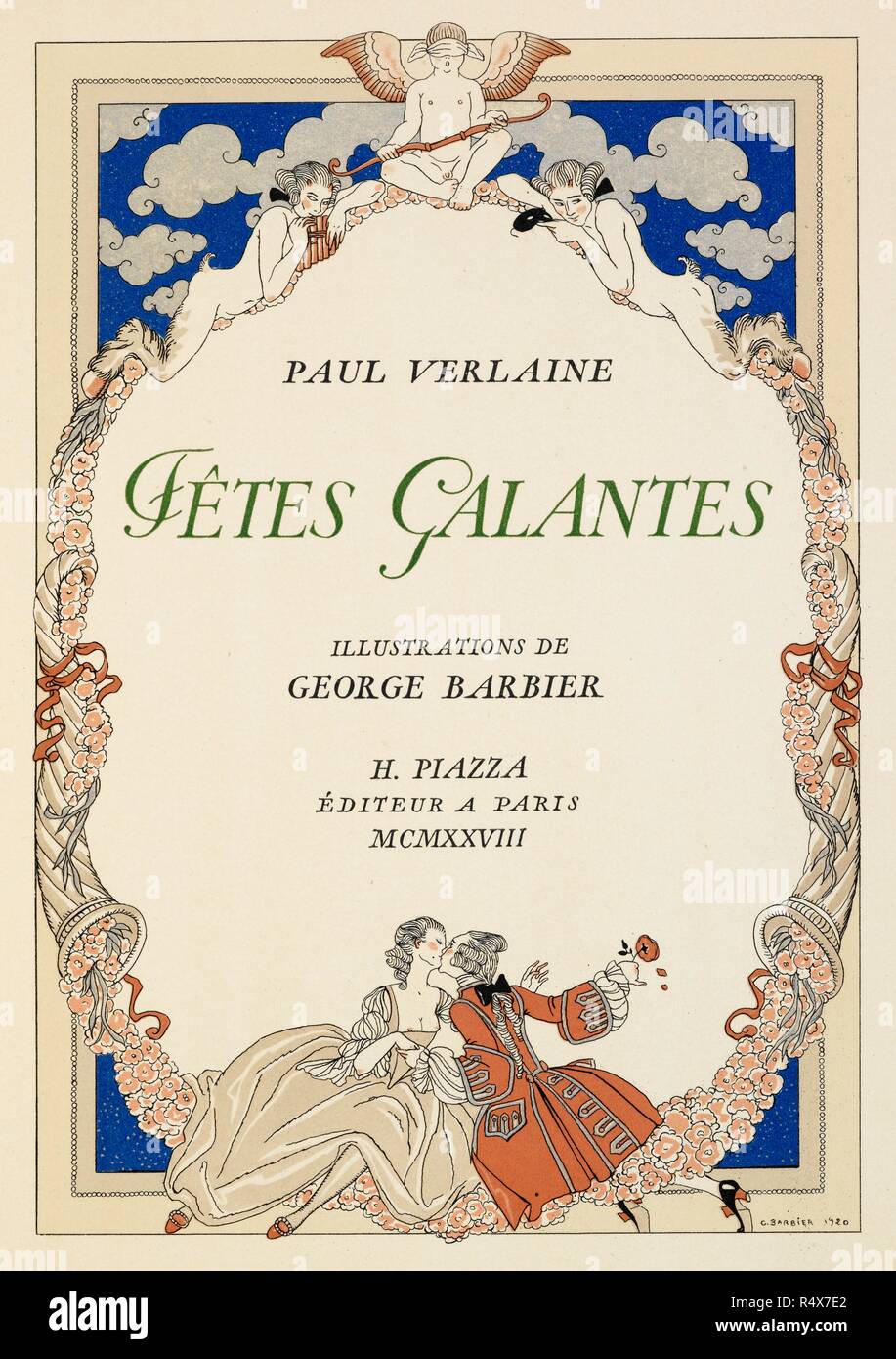 A man and woman kissing. FÃªtes galantes. [PoÃ¨mes]. Illustrations de George Barbier. Paris: H. Piazza, 1928. FÃªtes Galantes is an album consisting of romantic prints of French life among the upper classes of the 19th century. Rich aristocrats of the French court used to play gallant scenes from the commedia dellâ€™ arte that were called Fetes Galantes. The prints accompany Paul Verlaine's poetry. Each album contains 20 lithograph prints with pochoir highlighting by George Barbier. Source: L.45/2847, title page. Language: French. Stock Photo