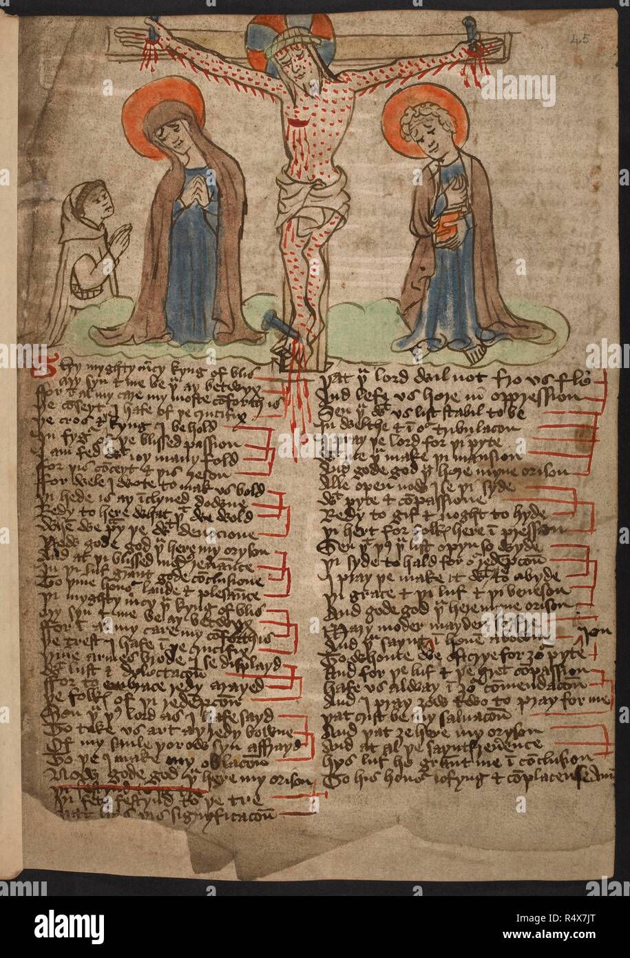 Page of a manuscript from 'The Desert of Religion'. The Desert of Religion and other poems and religious pieces,. etc. mostly illustrated, in Northern English. Drawing of the Crucifixion, witli verses (58 lines, but probably something is lost or displaced), beg. 'Thy myghty mercy kyng of blis My syn and me be poll ay betwyx.' f. 45. Source: Add. 37049 f.45. Language: English. Stock Photo