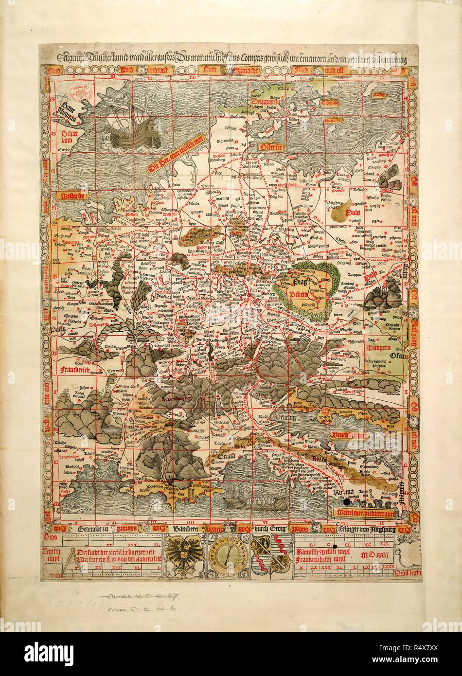 The Holy Roman Empire. Gelegenheit Teutscher Lannd unnd aller anstÃ¶s Das. Bamberg : Georg Erlinger, 1524. A woodcut map, showing the Holy Roman Empire and parts of the adjacent countries.  Image taken from Gelegenheit Teutscher Lannd unnd aller anstÃ¶s Das man mit hilff eins Compas gewislich von einem ortt zu dem andern ziehen mag. [A woodcut map, showing the Holy Roman Empire and parts of the adjacent countries with the principal roads. With a marginal index, an illustration of a compass-dial and scales in four of the different miles then in use in the Empire and neighbouring countries.] Teu Stock Photo