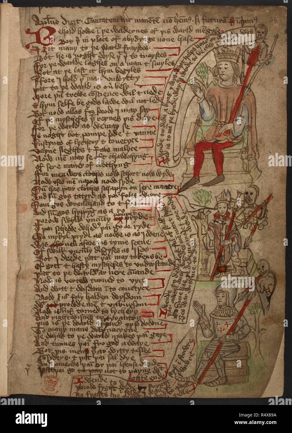 Page of a manuscript from 'The Desert of Religion'. The Desert of Religion and other poems and religious pieces,. etc. mostly illustrated, in Northern English. 34. ' Apostolus dicit Ciuitatem hic manentem non habentus ' (etc.): verses (23 couplets) beg. 'Behold how in pe wilderness of pis warld men gase Bot therin place of abydynge none hase.' Accompanied by the common Vado Mori device, three drawings bearing each a scroll with verses (Latin in Royal MSS. 5 E. xxi. f. 126 b, 7 E. VII. f. 177, etc., English in Cotton MS. Faust. B. vi. pt. ii. f. 1 b, with good drawing, and Stowe MS. 39, f. 32), Stock Photo