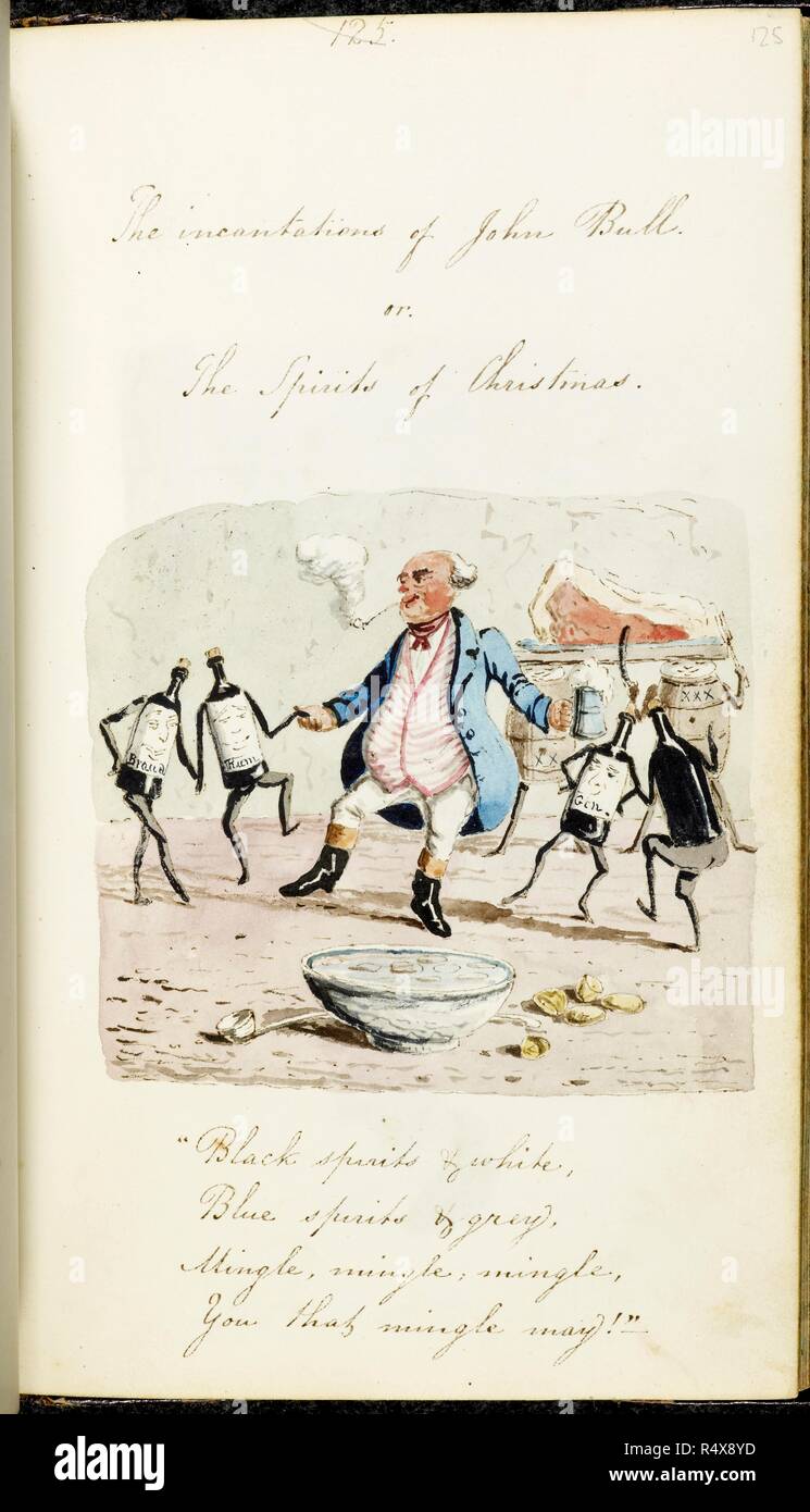 A large fat man smoking a pipe and dancing holding hands with bottles of wine. Cartoon. Watercolour sketch. . Flights of Fancy. England 1831. John Frederick Herring Junior. Bound sketchbook of J. F. A large fat man smoking a pipe and dancing holding hands with bottles of wine. Cartoon. Watercolour sketch. . Flights of Fancy. England 1831. John Frederick Herring Junior. Bound sketchbook of J. F.