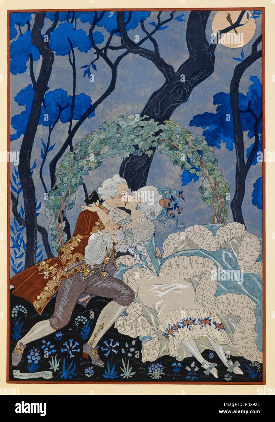 En Sourdine. A man and woman kissing under the moonlight. FÃªtes galantes. [PoÃ¨mes]. Illustrations de George Barbier. Paris: H. Piazza, 1928. FÃªtes Galantes is an album consisting of romantic prints of French life among the upper classes of the 19th century. Rich aristocrats of the French court used to play gallant scenes from the commedia dellâ€™ arte that were called Fetes Galantes. The prints accompany Paul Verlaine's poetry. Each album contains 20 lithograph prints with pochoir highlighting by George Barbier. Source: L.45/2847, before page 91. Language: French. Stock Photo