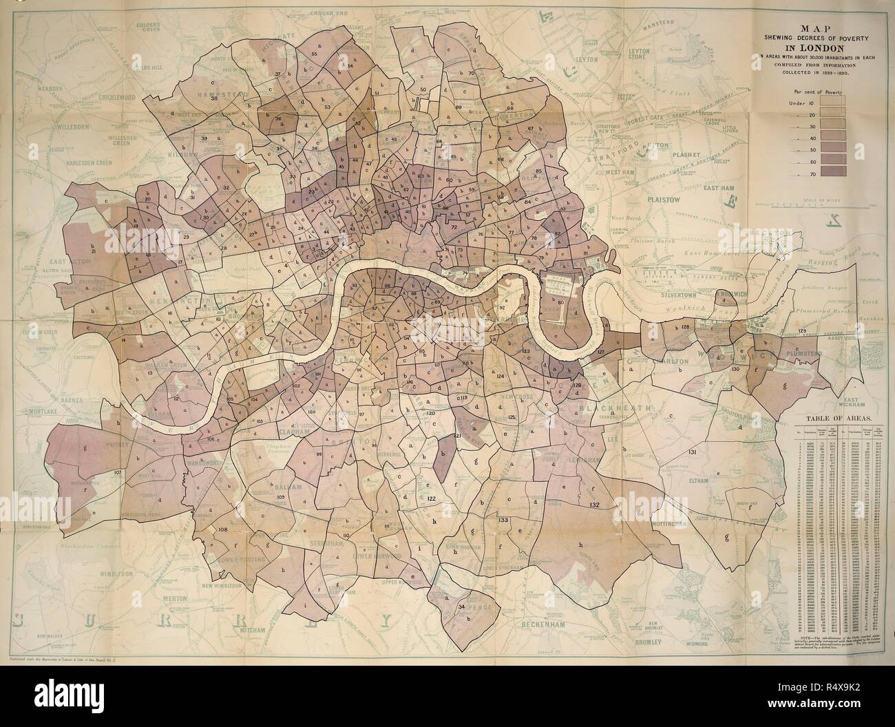 Booth's map of poverty levels in London, 1891. Descriptive map of London poverty 1889. London, England. Charles Booth, a shipowner, sought to refute socialist allegations that a quarter of Londonâ€™s population lived in poverty. He thought this exaggerated, but his researches, published in 17 volumes, revealed that the true figure was even higher at one third. Here his extensive survey is presented in cartographical form with the levels of poverty colour coded. This sometimes conceals as much as it reveals. The purple of the mixed areas obscured much poverty while domestic servants in the yell Stock Photo