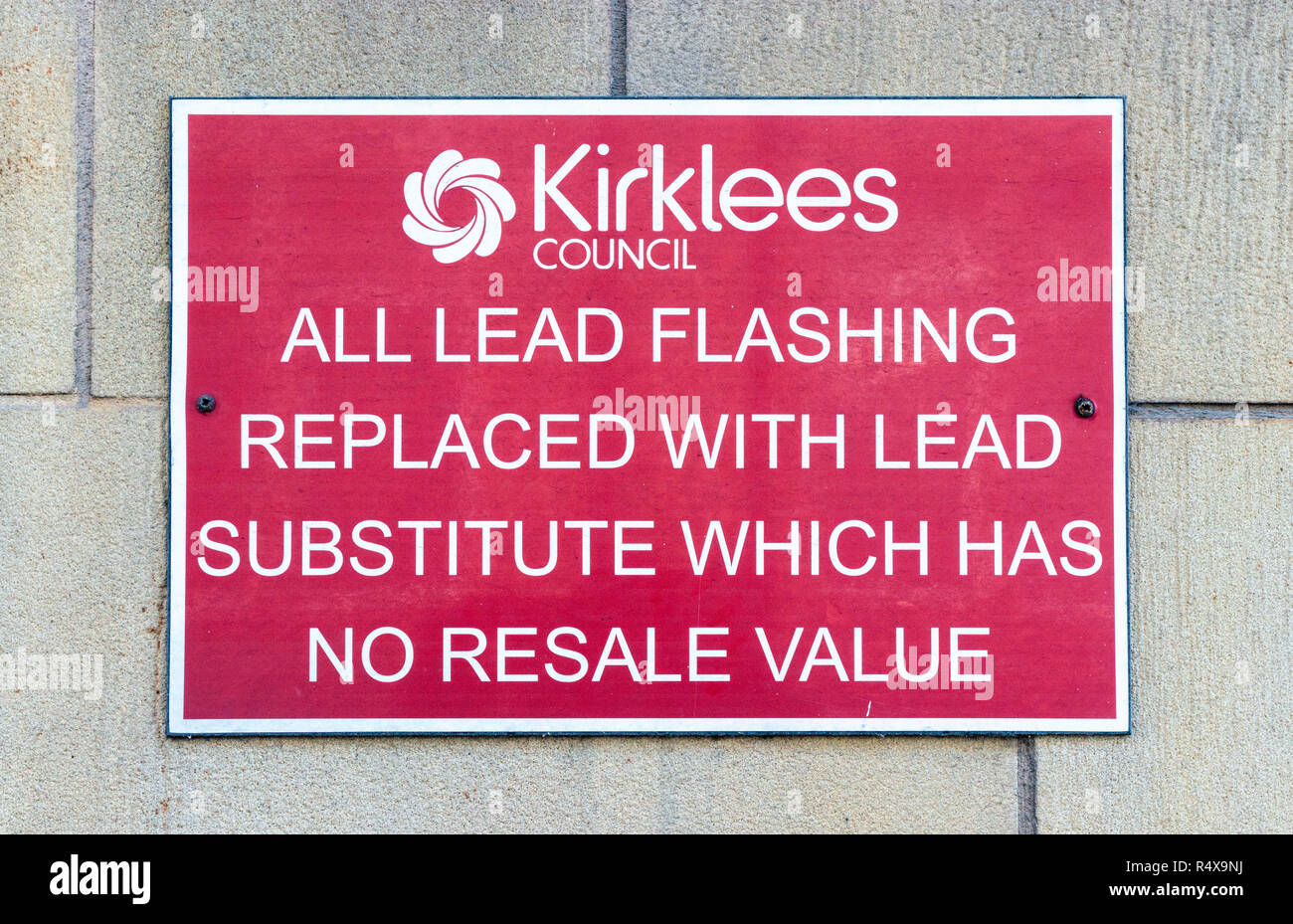 Anti theft lead flashing sign put up by Kirklees Council Stock Photo