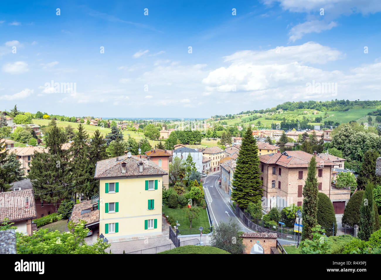 Castelvetro, Italy  - April 25, 2017: panoramic view of town in Castelvetro, Italy. Castelvetro is known for its 6 medial towers and is a renowned cen Stock Photo