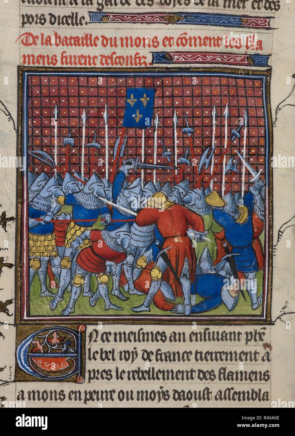 Battle at Mons. Chroniques de France ou de St. Denis. France; end of 14th century. (Miniature and text) Battle at Mons. Soldiers in armour fighting; heraldic banner with the fleur-de-lys.Text beginning with decorated initial 'E'.  Image taken from Chroniques de France ou de St. Denis.  Originally produced in France; end of 14th century. . Source: ROYAL 20 C. VII, f.39v. Language: French. Stock Photo