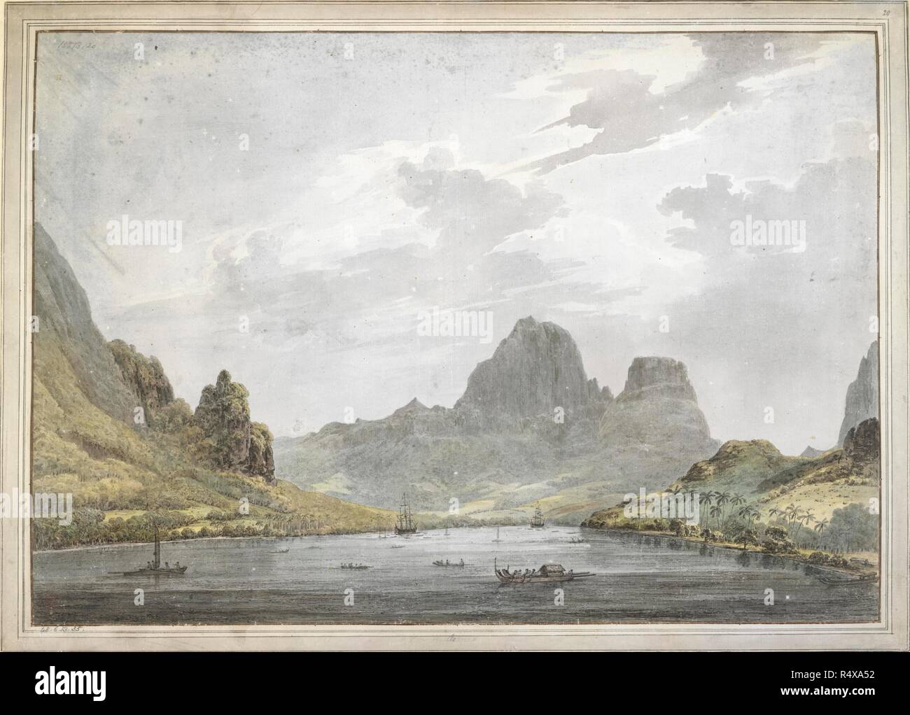 View of Papetoai Bay, Moorea. Drawings executed by John Webber during the Third. Moorea, 1777. [Whole drawing] A view of Aimeo Harbour [Papetoai Bay], with the 'Resolution' and the 'Discovery', and many different kinds of native craft in the harbour, and two mountainous peaks in the background. Captain Cook visited Moorea in October 1777.  Image taken from the Drawings executed by John Webber during the Third Voyage of Captain Cook, 1777-1779.  Originally produced in Moorea, 1777. . Source: Add. 15513, No.20. Language: English. Stock Photo