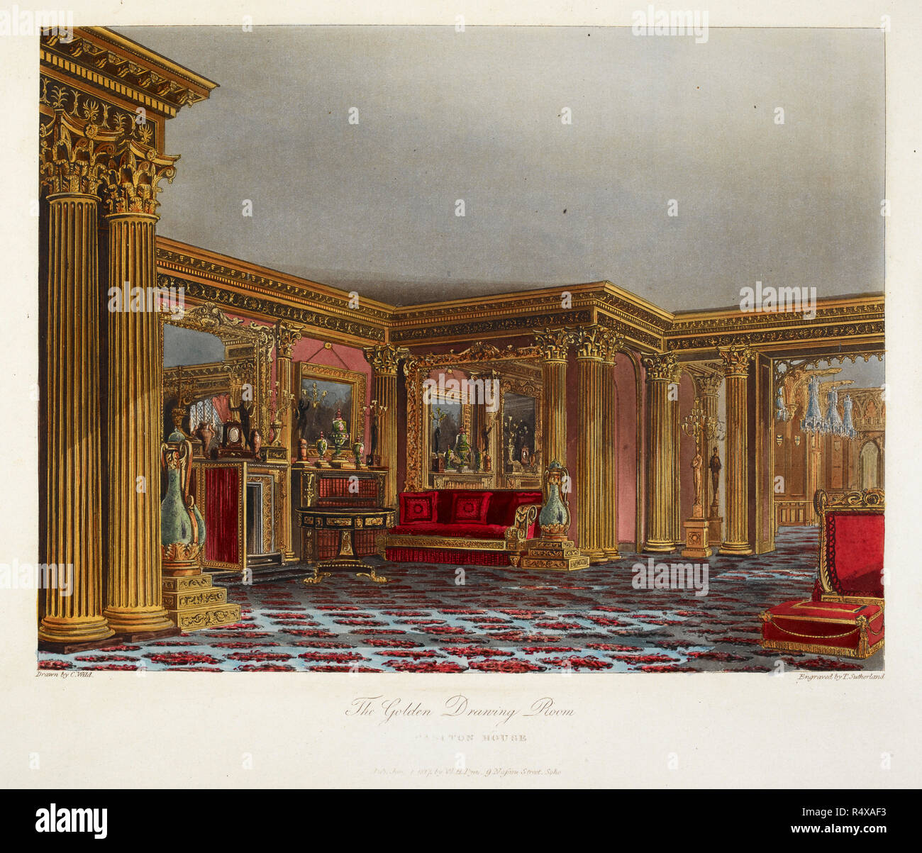 The golden drawing room Carlton house.Colour illustration / plate. Author William Henry Pyne,. Museum: BRITISH LIBRARY. Stock Photo