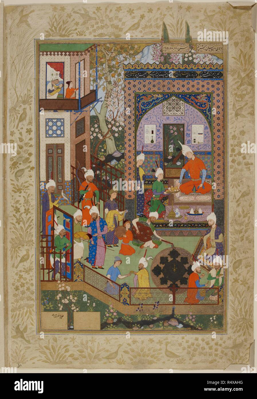 Khusrau listening to Barbad playing the lute. (Inscription: over pavilion â€˜May this festive assembly be as rain to the garden and may the light of the countenance of the Shah be bright. From the dome of the heavens, as long as the sun and the moon exist, may the assembly be adorned with the person of the Shahâ€™. Round the carpet: â€˜With the furnishing of your two eyes you make a bridal chamber of that dwelling. In every place you travel you wish to make the dust into a road there. How pleasant . . . with one anotherâ€™). (Mirza â€˜Ali). Khamsa by Nizami. Borders decorated with designs in g Stock Photo