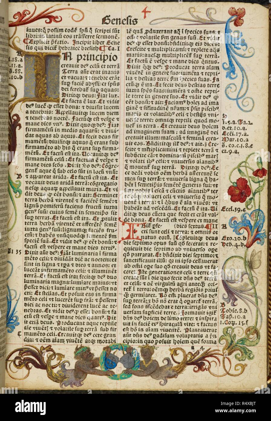 Illuminated page of a Latin Bible, 'Biblia integra'. Biblia integra. Basle, 1495. Incipit liber Genesis. Source: I.A.37886 16. Language: Latin. Stock Photo