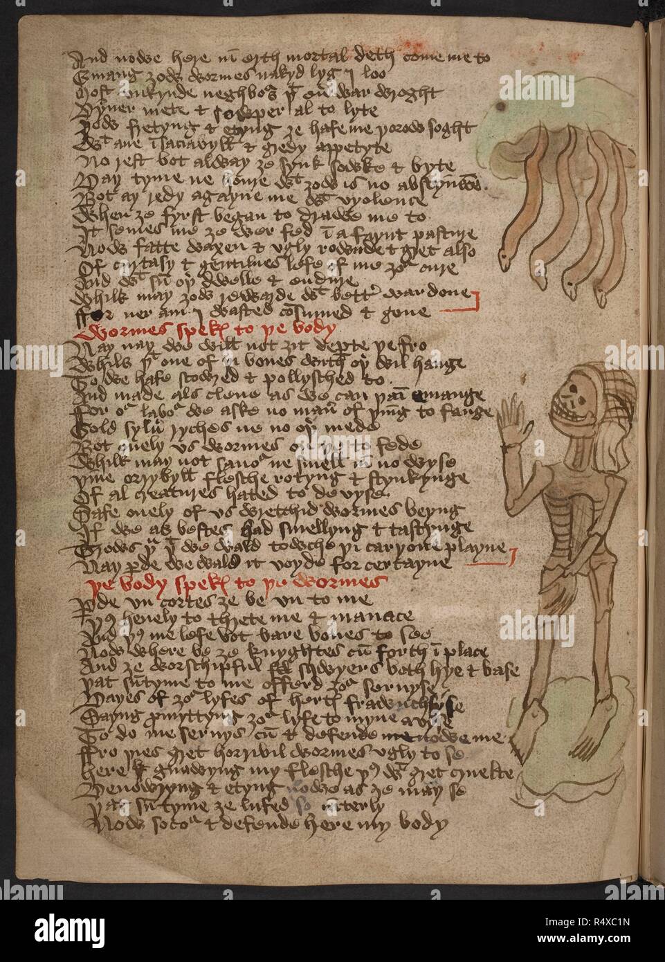 A page of manuscript with illustration of a skeleton and serpents. Poems on life. Verses. THE DESERT OF Religion and other poems and religious pieces. THE DESERT OF Religion and other poems and religious pieces, etc., mostly illustrated, in Northern English. Source: Add. 37049 f.33v. Language: Northern English. Stock Photo