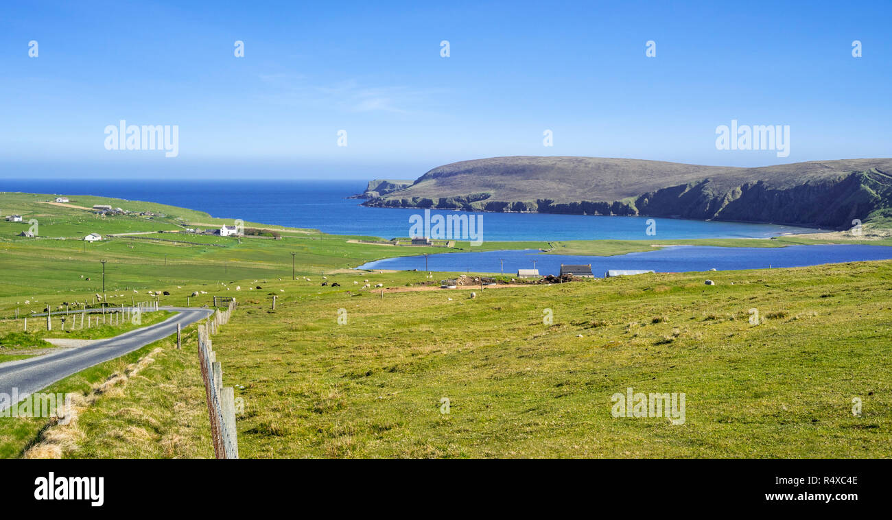 The fresh water loch Papil Water, Tresta Beach and Lamb Hoga peninsula on the island Fetlar, Shetland Islands, Scotland, UK Stock Photo